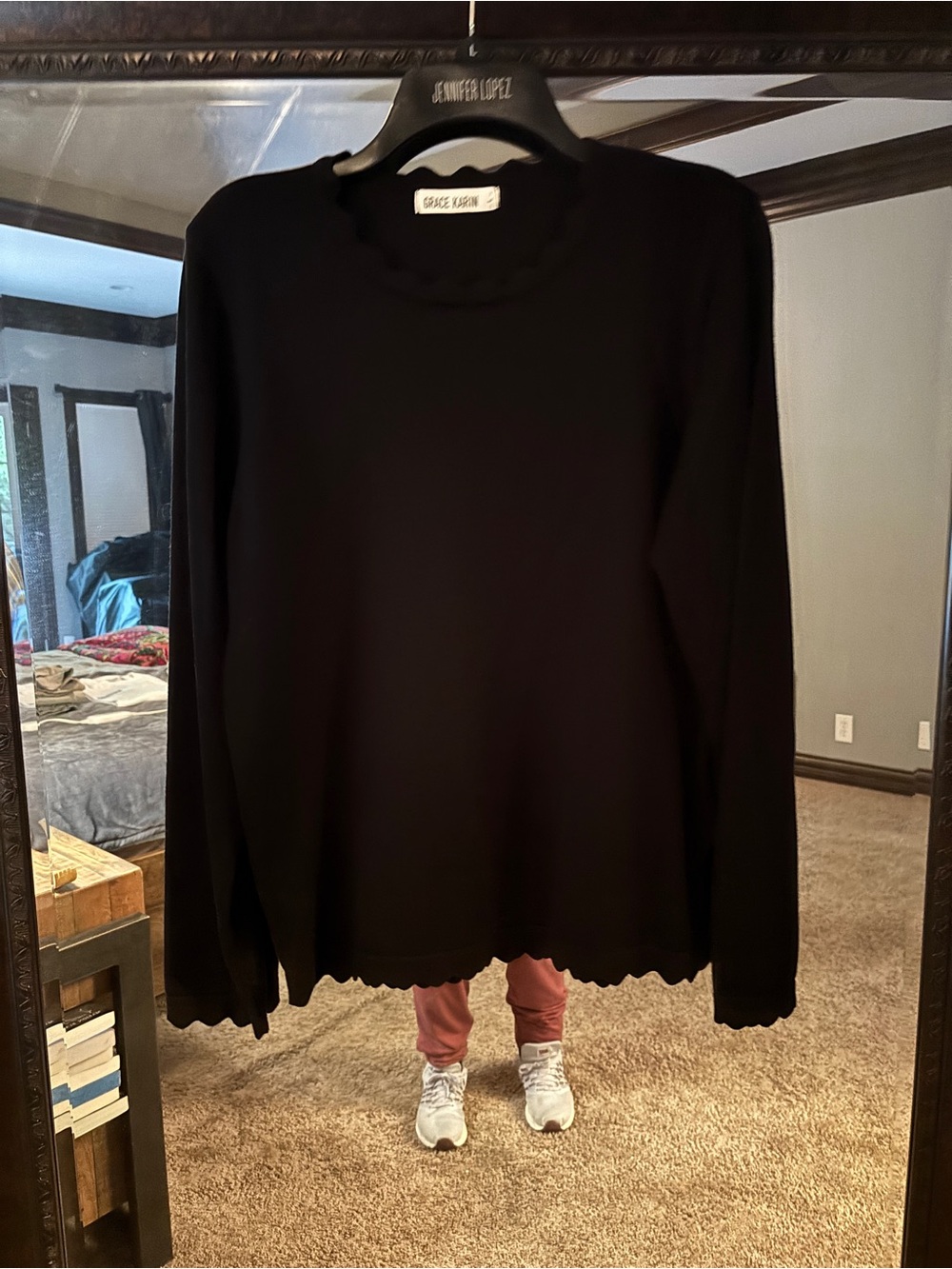 Grace Karin Black Scalloped-Trim Crewneck Sweater